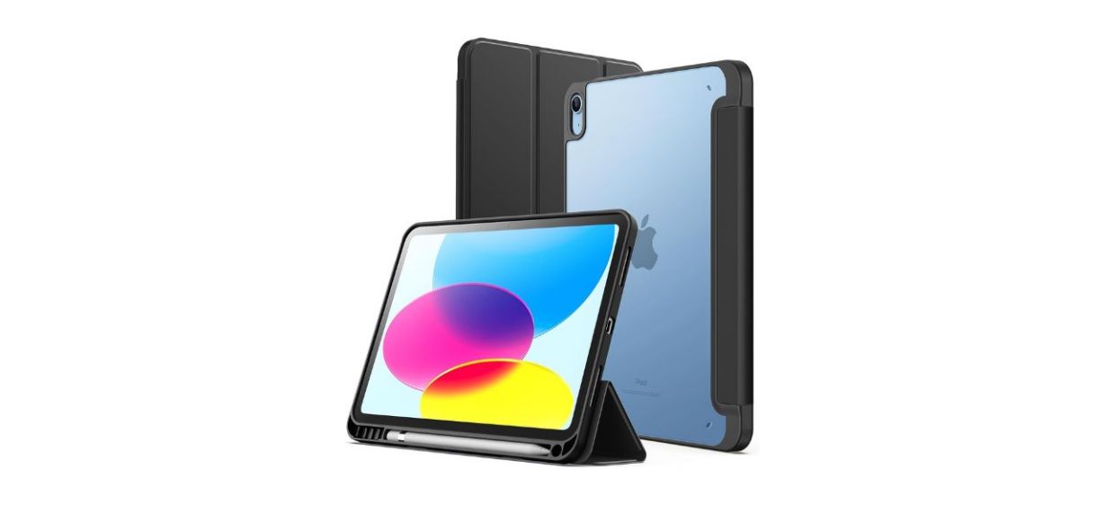 a black iPad case with an area for a stylus pencil. The back is transparent.