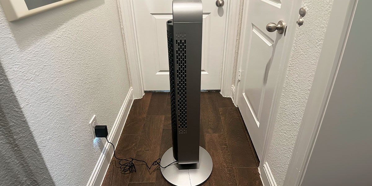 Dreo Pilot Max S Tower Fan on wood floor in hall  Dreo Pilot Max S Tower Fan on wood floor in hall