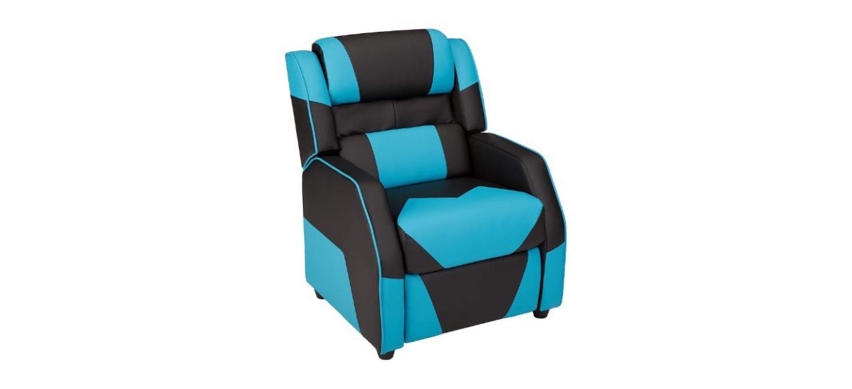 small blue and black kids gaming recliner on white background
