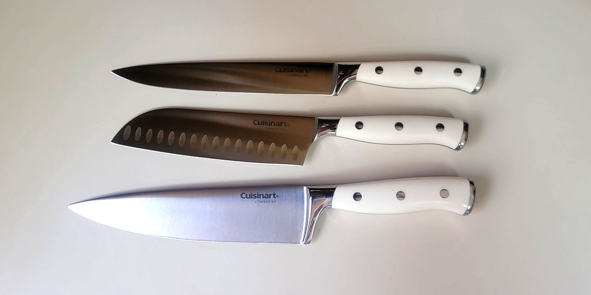 Cuisinart knives displayed horizontally on counter Cuisinart knives displayed horizontally on counter