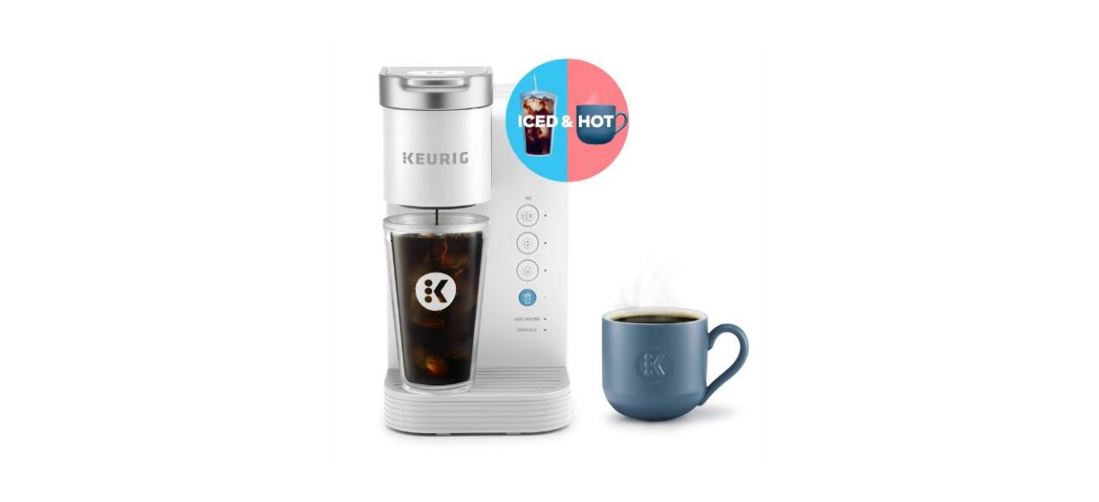 Keurig K-Iced Essentials White Iced and Hot Single-Serve K-Cup Pod Coffee Maker on white background, text reads &quot;iced &amp; hot&quot;