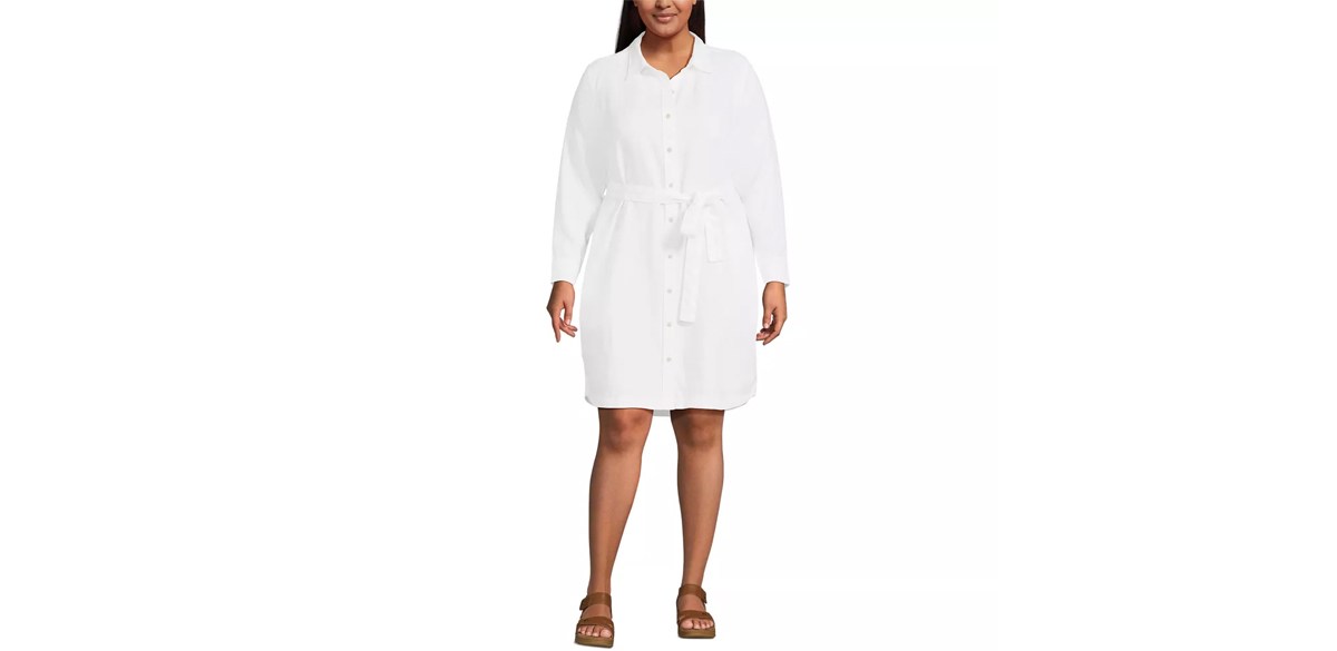Lands' End Women's Linen Long Sleeve Button Front Shirt Dress