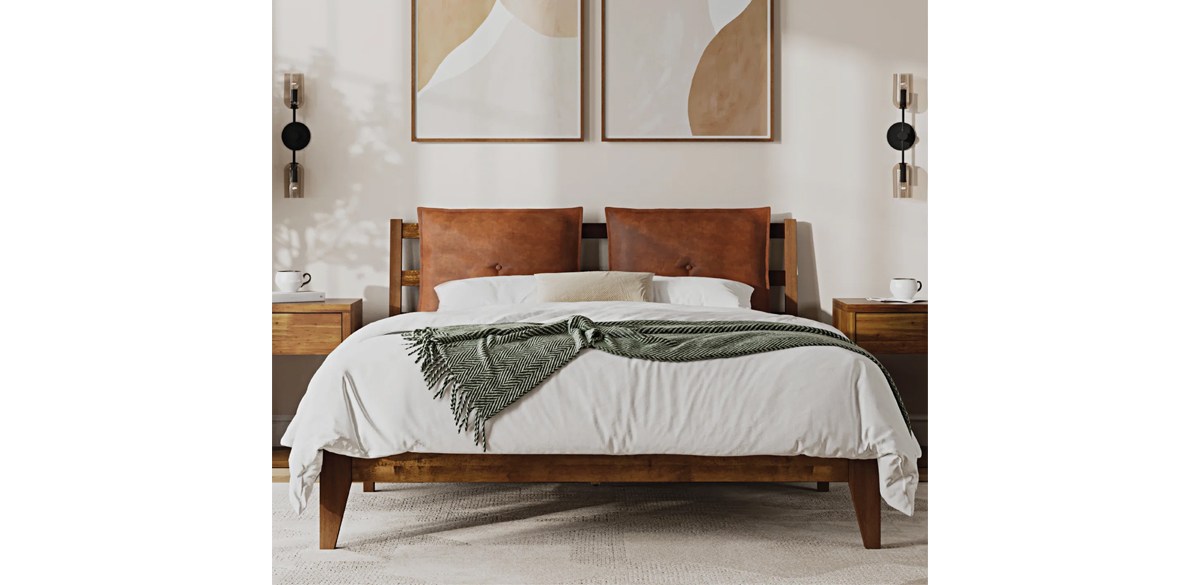 ark Manor Brown Makela Solid Wood Bed with Removable Plush Pillow Headboard