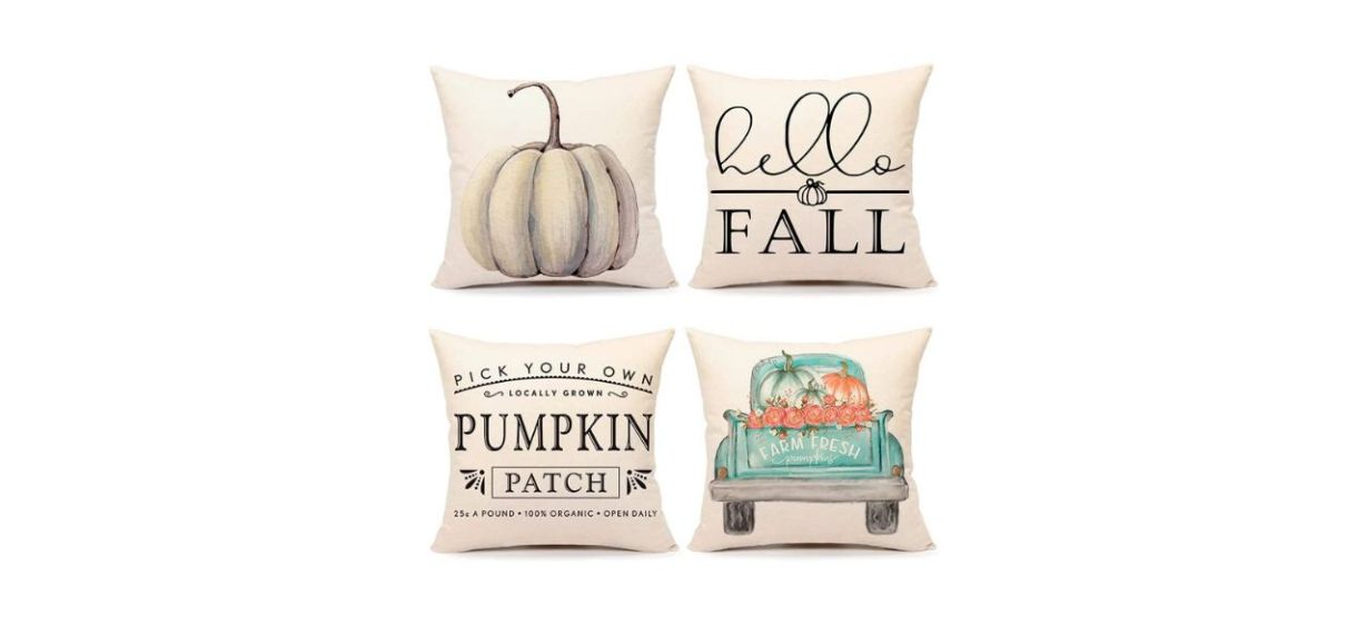 4 beige pillow covers; 1 with a white pumpkin on it, 1 says &quot;hello fall,&quot; 1 says &quot;pick your own locally grown pumpkin patch,&quot; and 1 has a picture of a pickup truck with pumpkins in the back of the truck bed.