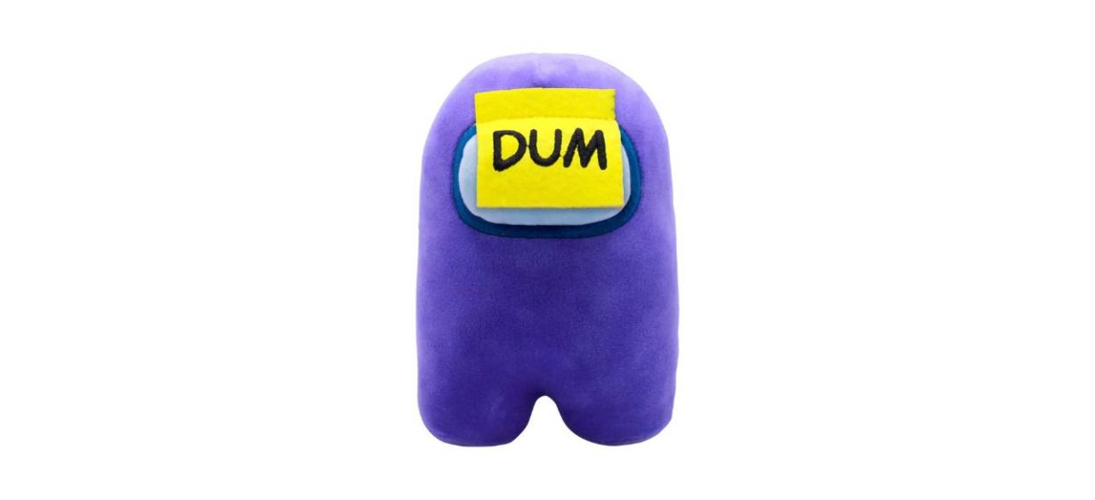 purple Just Toys LLC Among Us Plush with yellow sticky note on head that says &quot;DUM&quot;