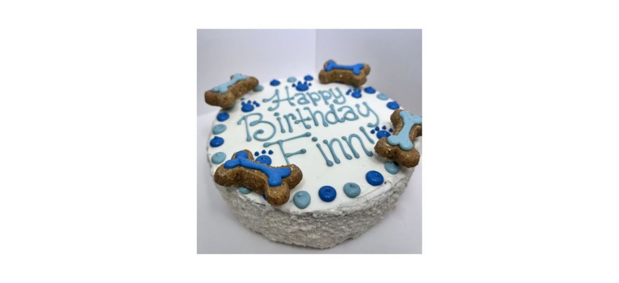 white and blue birthday cake for dogs with 4 dog treats on top