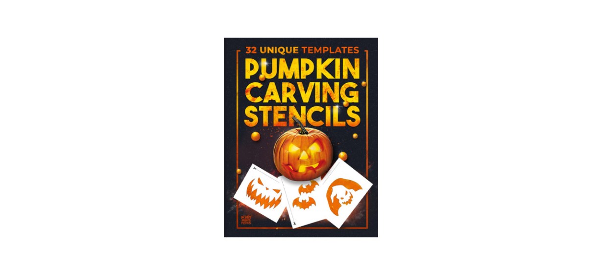 A book of Halloween pumpkin carving stencils. Packaging indicates it has 32 unique templates.