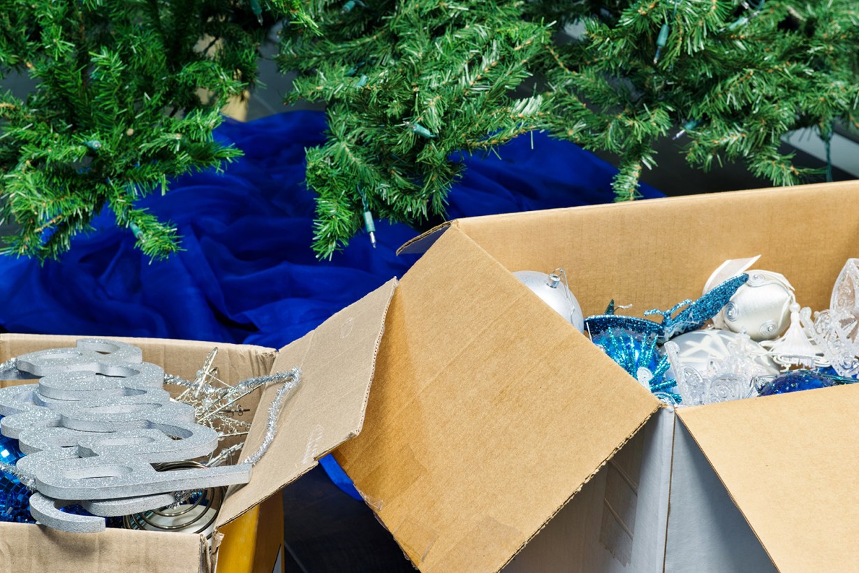 boxes filled with Christmas decorations