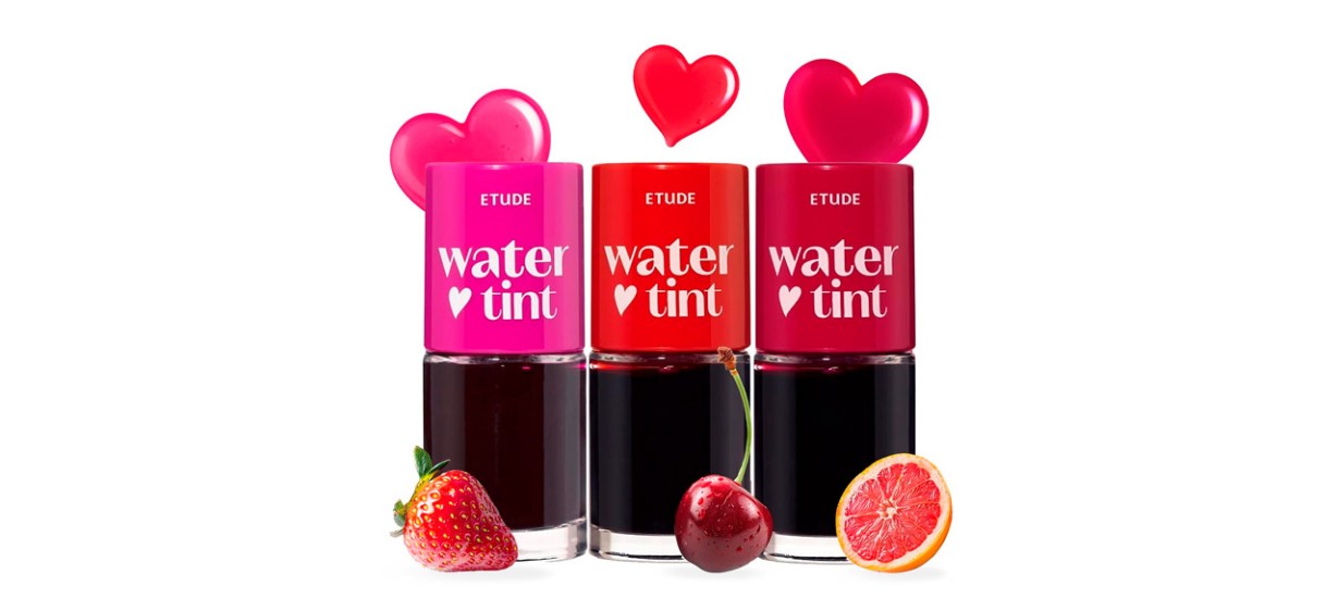 ETUDE Dear Darling Water Tint Set of Three, in shades strawberry ade (bright fuchsia pink), cherry ade (a dark warm red), and grapefruit ade (a dark cool red)