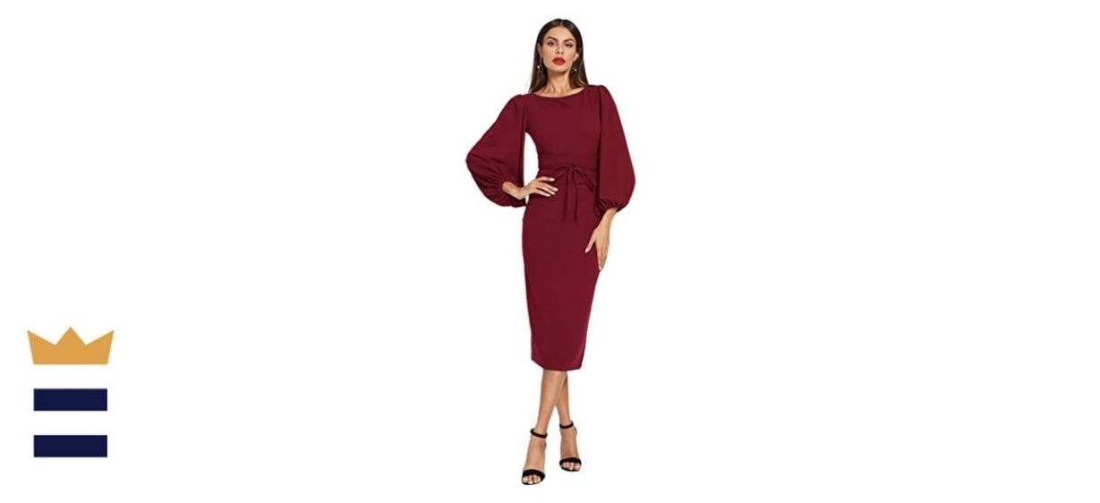 Floerns Women's Lantern Sleeve Tie Waist Midi Office Dress
