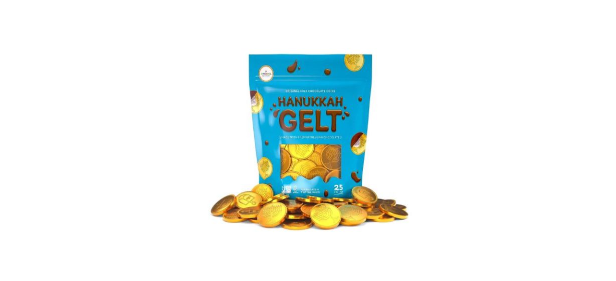 The Dreidel Company Belgian Milk Chocolate Coins in a blue bag