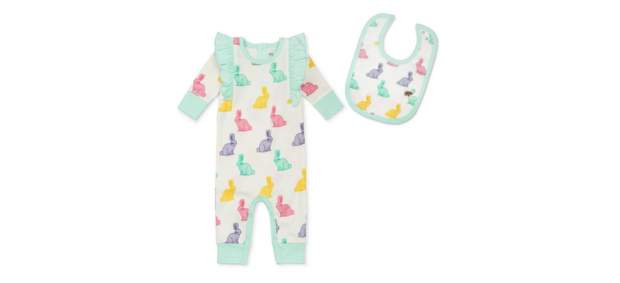 Easter Bunny Long Sleeve Double Ruffle Romper and Classic Bib