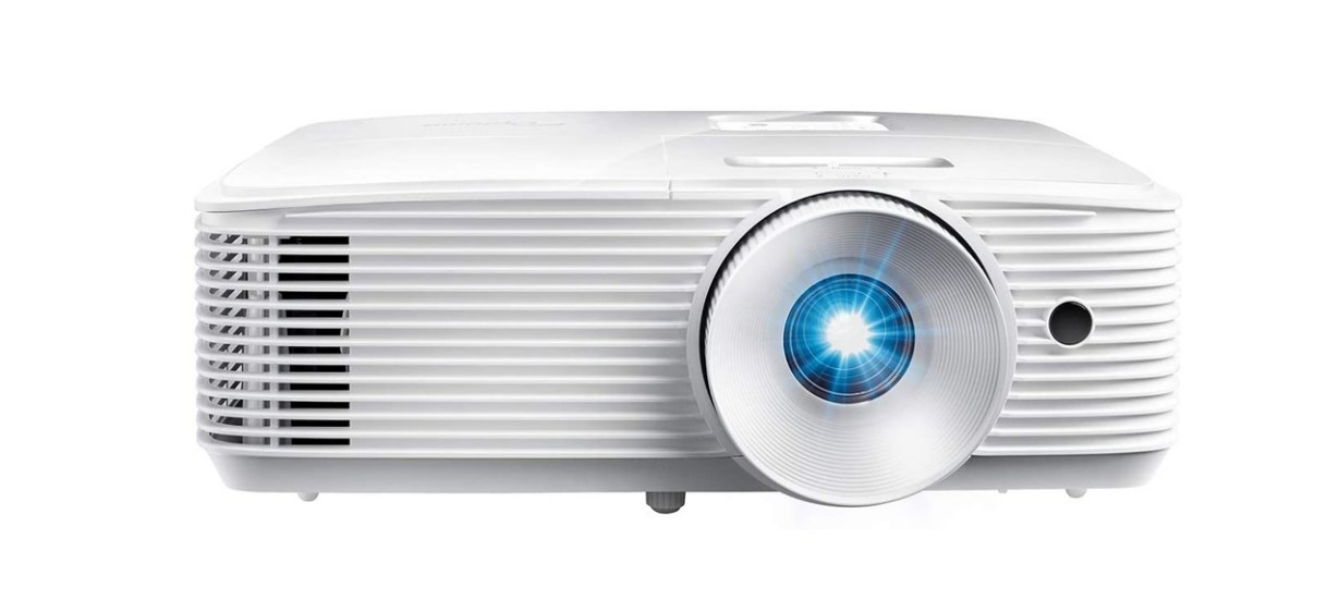 Optoma HD28HDR white projector on white background