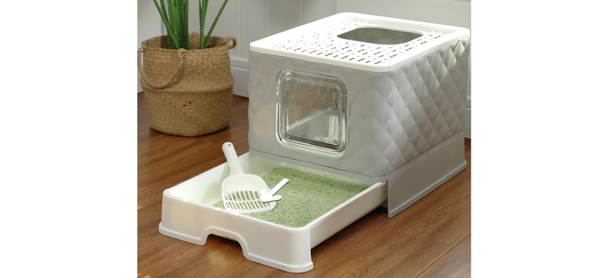 PAWZ Road Enclosed Cat Litter Box Large on wood floor