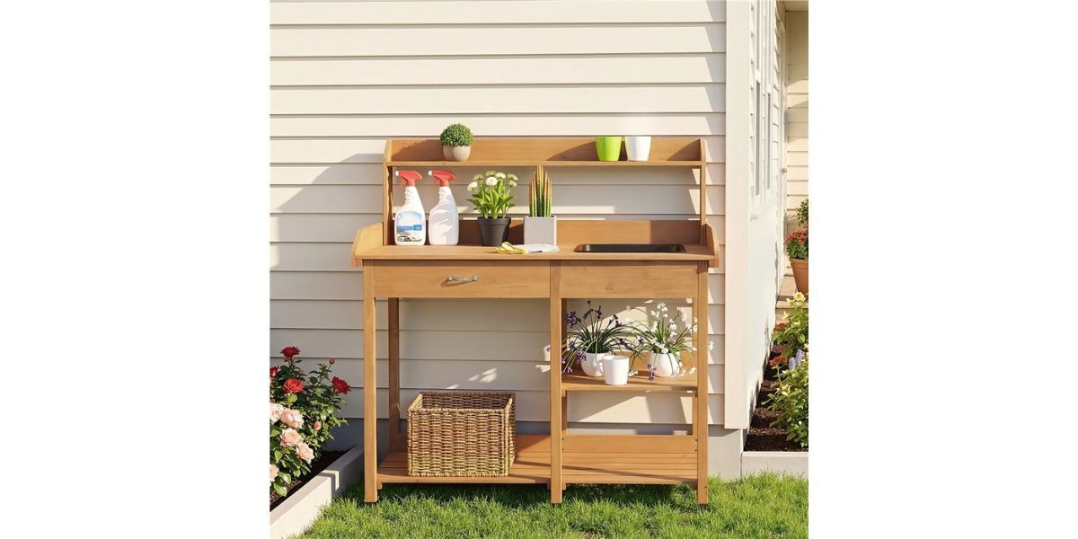 Loon Peak Burroughs Fir Wood Outdoor Potting Bench with Sink Drawer