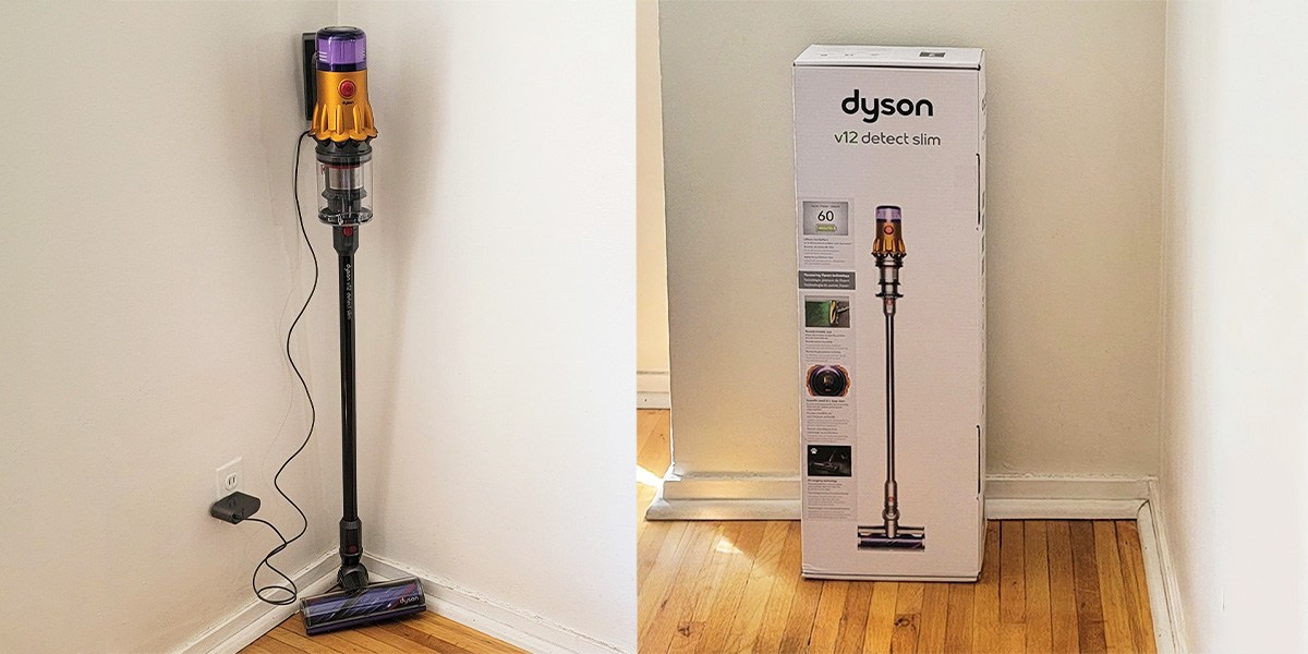 Collage with Dyson V12 Slim Detect on left side and product packaging on the right side