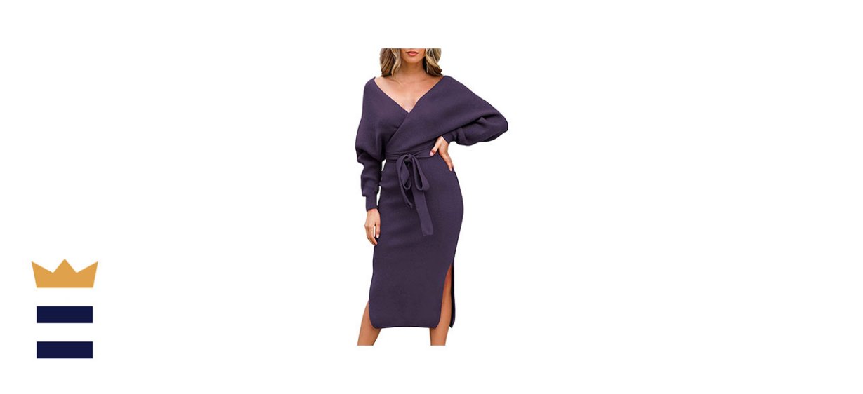 Viottiset V-neck Batwing Sleeve Wrap Midi Knit Dress